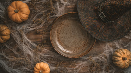 Halloween Table Setting with Empty Plates and Pumpkins. Generative AIの素材