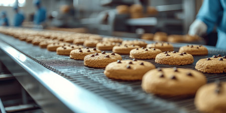 Small-scale cookie production line in a bakery, fresh cookies cooling. Generative AIの素材