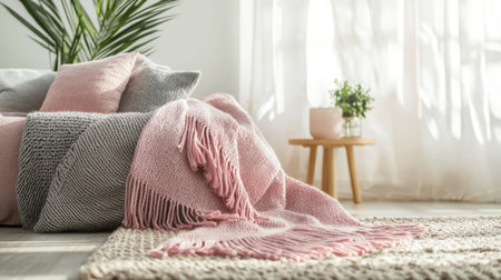 Soft pink and gray child room with simple decor and cozy blankets. Generative AIの素材