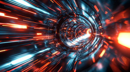 Futuristic High-Speed Sci-Fi Tunnel with Light Streaks. Generative AIの素材