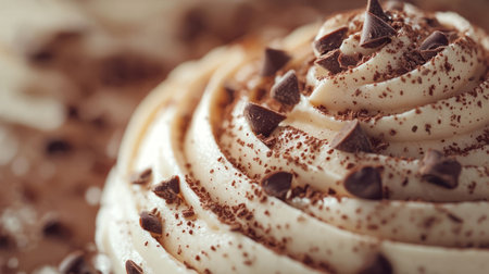 Soft-focus dessert background with layers of creamy mocha mousse and chocolate shavings. Generative AIの素材