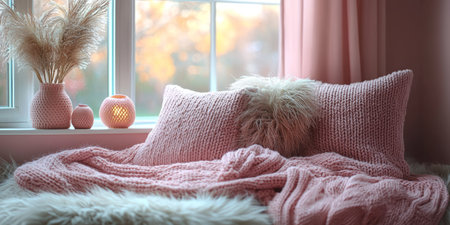 Soft pink and gray child room with simple decor and cozy blankets. Generative AIの素材