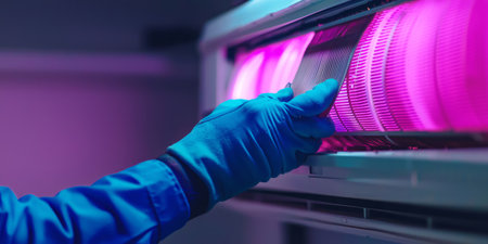 Technician replacing an air conditioning filter, home maintenance service. Generative AIの素材