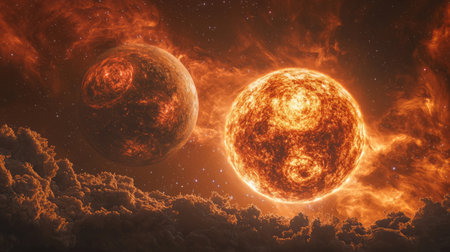 Space background with two alien planets surrounded by bright nebula, glowing dust clouds and distant stars in deep space. Generative AIの素材