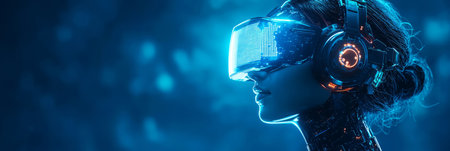 Stylized robot woman wearing an elegant digital headset, futuristic AI service concept. Generative AIの素材