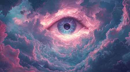 Surreal fantasy landscape with floating eye, clouds, soft pastel gradients. Generative AIの素材
