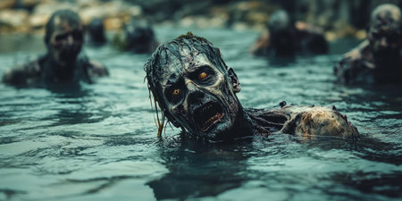Sunken zombies in a flooded coastal town, half-floating in the water, seaweed trailing from their decaying bodies. Generative AIの素材