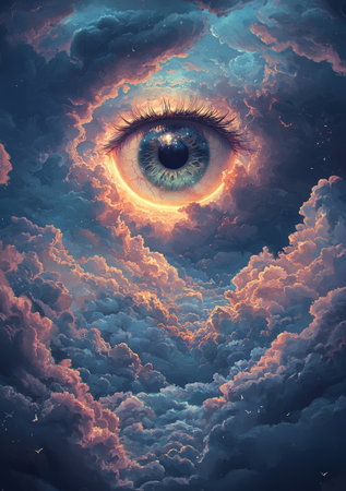 Surreal fantasy landscape with floating eye, clouds, soft pastel gradients. Generative AIの素材