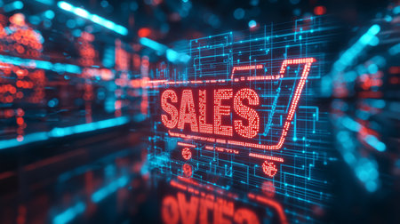 Neon Shopping Cart with Sales Sign in Store. Generative AIの素材