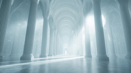 Towering pillars of pure white light, forming a corridor reminiscent of a futuristic cathedral. Faint luminous dust motes swirl around. Generative AIの素材