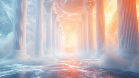Towering pillars of pure white light, forming a corridor reminiscent of a futuristic cathedral. Faint luminous dust motes swirl around. Generative AIの素材