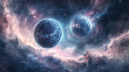 Space background with two alien planets surrounded by bright nebula, glowing dust clouds and distant stars in deep space. Generative AIの素材