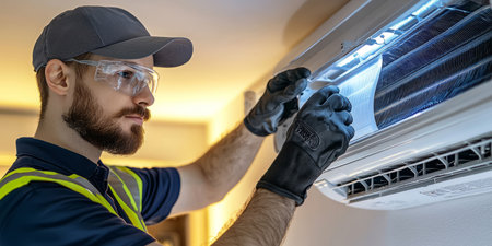 Technician replacing an air conditioning filter, home maintenance service. Generative AIの素材