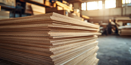 stack of birch plywood sheets, smooth and light-colored, in a modern carpentry studio. Generative AIの素材