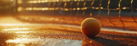 Tennis ball on a clay court, close-up with blurred net in the background. Generative AIの素材