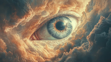 Surreal fantasy landscape with floating eye, clouds, soft pastel gradients. Generative AIの素材