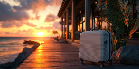 Suitcases placed on a tropical resort deck at sunset, symbolizing travel, vacation, adventure, relaxation, and luxurious getaway experiences. Generative AIの素材