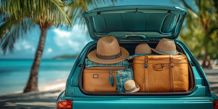Summer road trip background with an open car trunk packed with suitcases,and beach accessories. Generative AIの素材