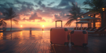Suitcases placed on a tropical resort deck at sunset, symbolizing travel, vacation, adventure, relaxation, and luxurious getaway experiences. Generative AIの素材