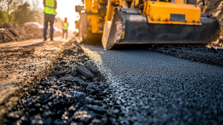 Road Construction Workers Paving Asphalt. Generative AIの素材