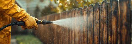 worker wearing protective gloves uses a power washer to clean a wooden fence, removing dirt and grime, highlighting home maintenance. Generative AIの素材