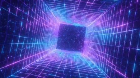 dynamic tunnel, glowing grid stretching into space with illusion. Generativeの素材