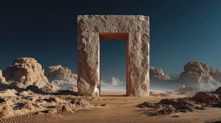 Ancient stone portal in the desert, floating sand patterns, starlit sky. Generativeの素材