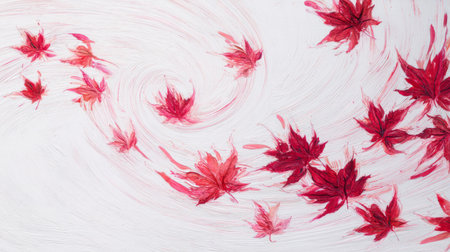 abstract leaf movement concept, dynamic swirl of maple leaves on white textured background. Generative AIの素材