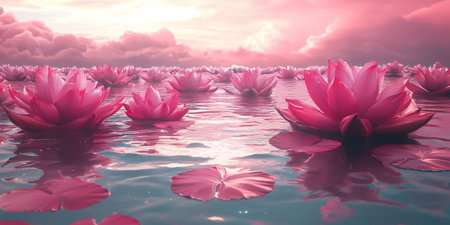 Whimsical lake with pink water and floating lotus flowers, magical vibe. Generative AIの素材