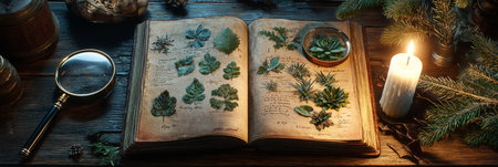 worn notebook with pressed leaves, plant diagrams, and botanical notes. Generative AIの素材