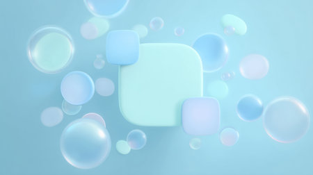 Soft pastel-colored bubbles and rounded squares floating in a minimal abstract background. Generative AIの素材