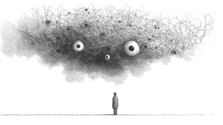 Anxiety symbolized, floating cloud of tangled wires and eyes hovering above a figure. Generative AIの素材
