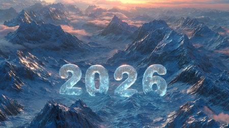 Abstract winter background with layered snow hills and transparent crystal 2026. Generative AIの素材