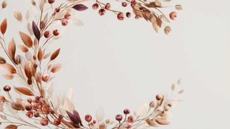 autumn leaves and berries forming a wreath shape on a neutral space. Generative AIの素材