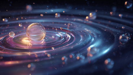 Bubbles rotating like planets around a central glowing serum drop in a cosmic lab setting. Generativeの素材