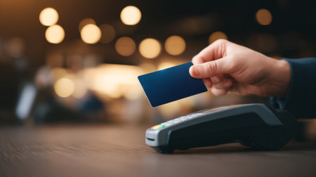glowing contactless card being held above POS device, minimal tech background. Generative AIの素材