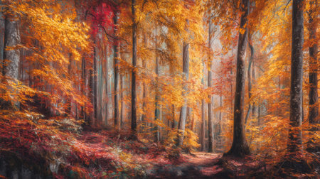 autumn forest scene, golden and red foliage covering forest floor with. Generative AIの素材