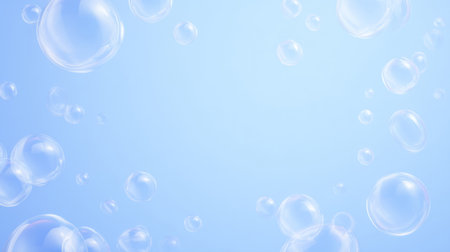 floating soap bubbles arranged around border of sky blue gradient, empty space center. Generative AIの素材
