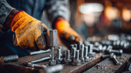 Close-up of worker hands tightening bolts. Generativeの素材