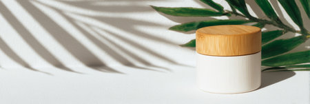 Bamboo-lid cream jar next to tropical leaf shadows. Generativeの素材