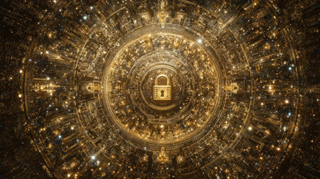 golden padlock at center of fractal circuit mandala with glowing symbols radiating. Generative AIの素材