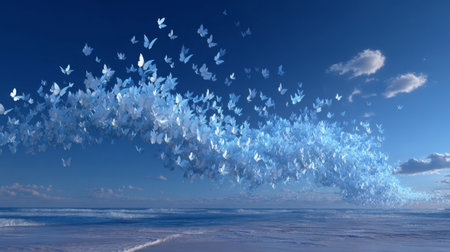 Digital butterfly cloud, floating butterflies forming wave patterns in midair. Generativeの素材