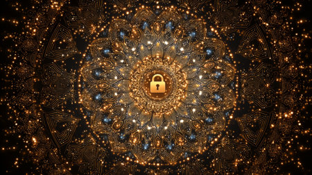 golden padlock at center of fractal circuit mandala with glowing symbols radiating. Generative AIの素材