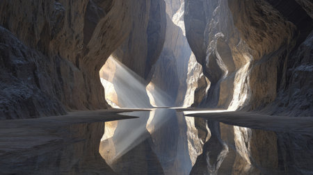 Endless crystalline canyon, reflections and light beams in a surreal fantasy world. Generativeの素材