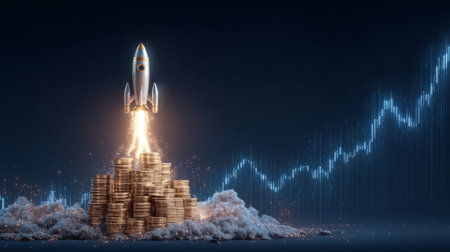 rocket made of stacked money and coins blasting upward leaving behind trail of profit charts. Generativeの素材