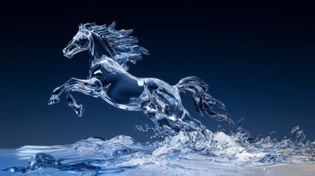 Crystal horse galloping across a glass ocean surface. Generative AIの素材