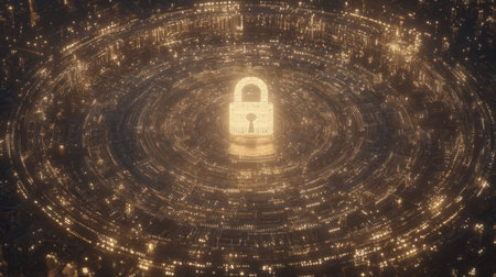 golden padlock at center of fractal circuit mandala with glowing symbols radiating. Generative AIの素材