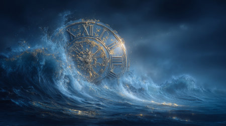 melting clock over dark ocean waves, symbolizing loss of time and letting go. Generative AIの素材