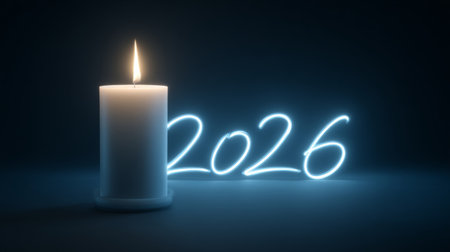 one lit candle next to 2026, symbolizing hope and reflection in the New Year. Generative AIの素材
