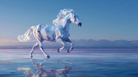 Crystal horse galloping across a glass ocean surface. Generative AIの素材